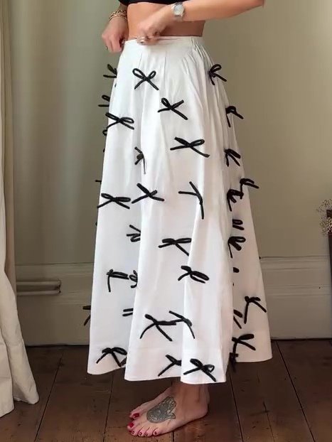 Ivory Bow Detail Midi Skirt