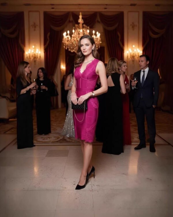 Alternative view of Deep-V Lace-Trimmed Solid-Color Patchwork Sexy Bandage Dress