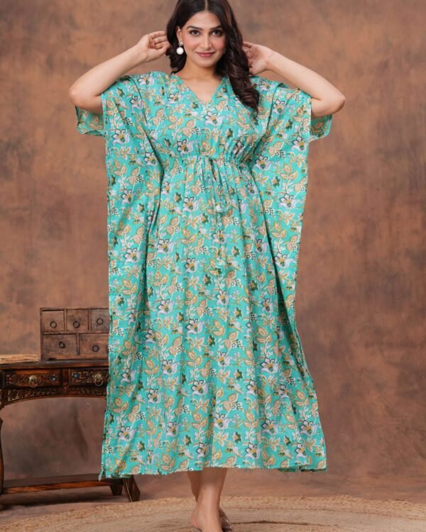 Aqua blue cotton floral printed kaftan dress with drawstring waist