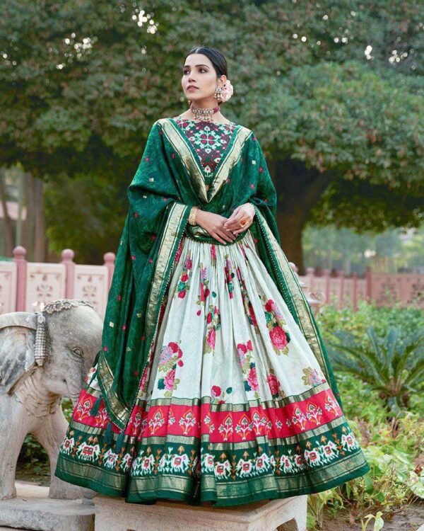 Green Patola Tussar Silk Lehenga Set with unstitched blouse