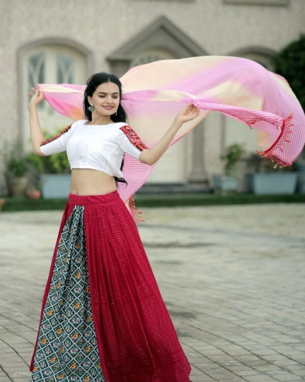 Premium embroidered viscose crochet lehenga choli with leheriya dupatta for festive wear