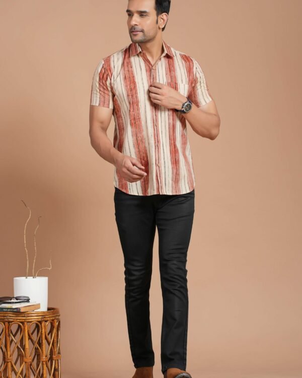 Men wearing beige and rust striped cotton short-sleeve shirt with trousers