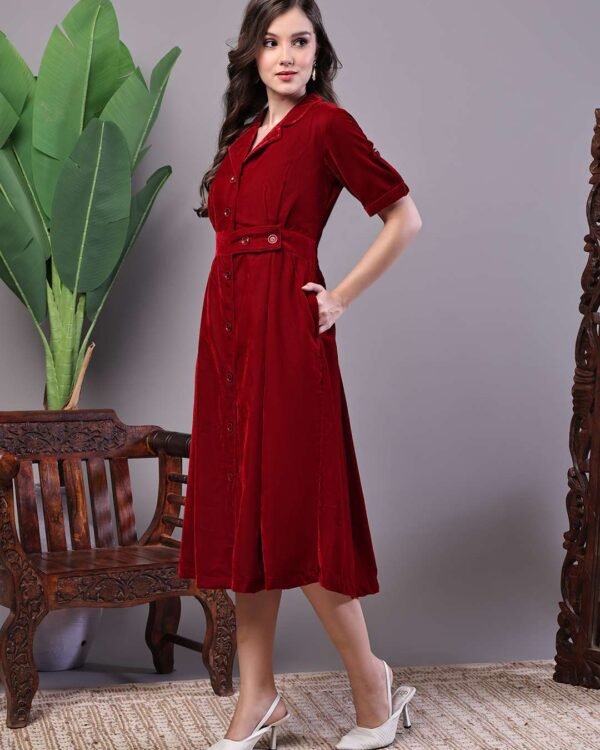 Maroon velvet button-down shirt midi dress with belt and short sleeves