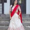 White Vichitra silk lehenga choli with red blouse and sequin embroidery for wedding wear