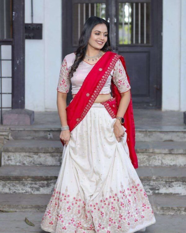 White Vichitra silk lehenga choli with red blouse and sequin embroidery for wedding wear