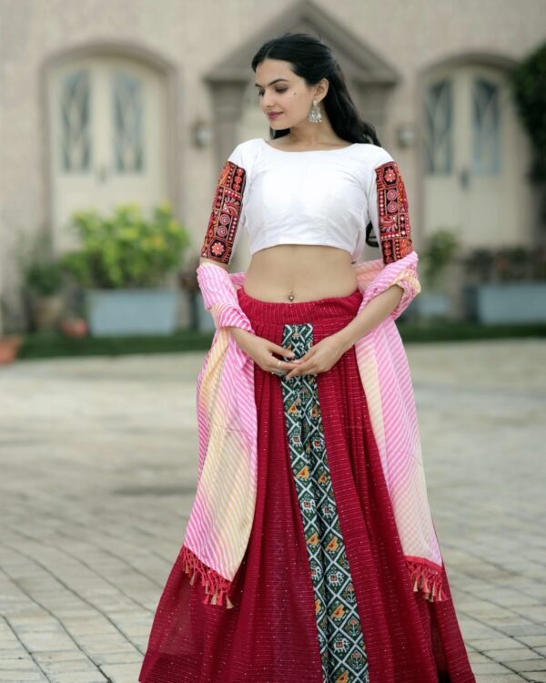 Premium embroidered viscose crochet lehenga choli with leheriya dupatta for festive wear