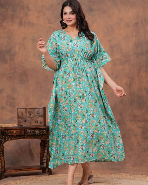 Aqua blue cotton floral printed kaftan dress with drawstring waist