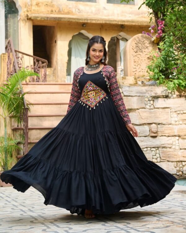 Alternative view of Black Kutchi Gamthi Embroidered Navratri Reyon Gown