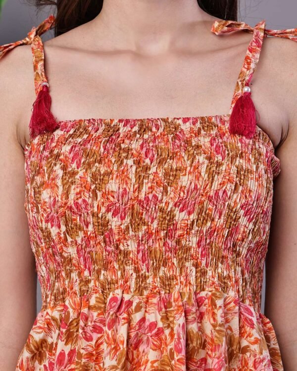 Multicolor floral cotton midi dress with handkerchief hem and tie-up shoulder straps