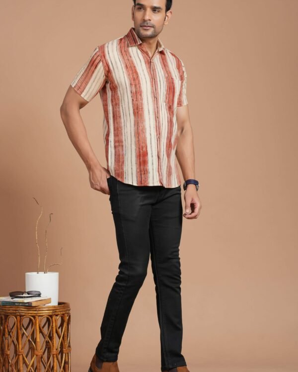 Men wearing beige and rust striped cotton short-sleeve shirt with trousers