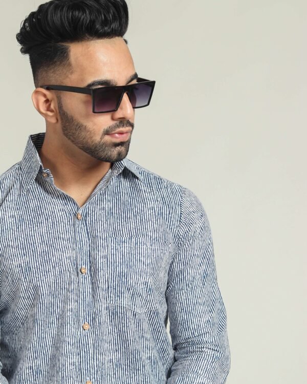 Men wearing blue and white striped cotton full-sleeve shirt