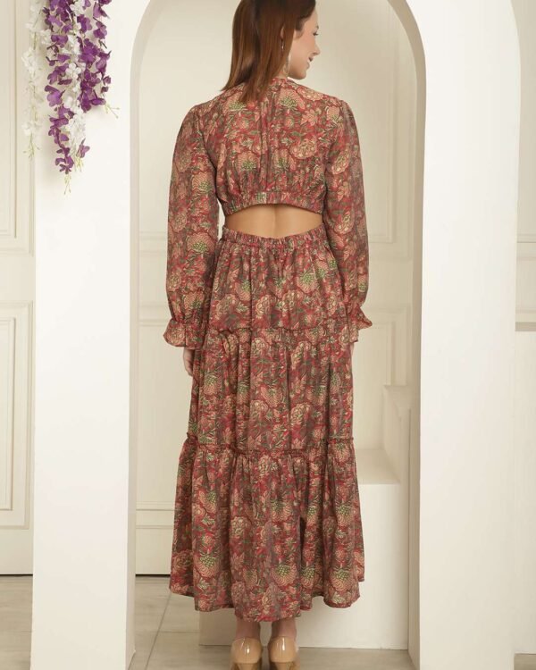 Dark maroon silk printed V-neck maxi dress with long bell sleeves