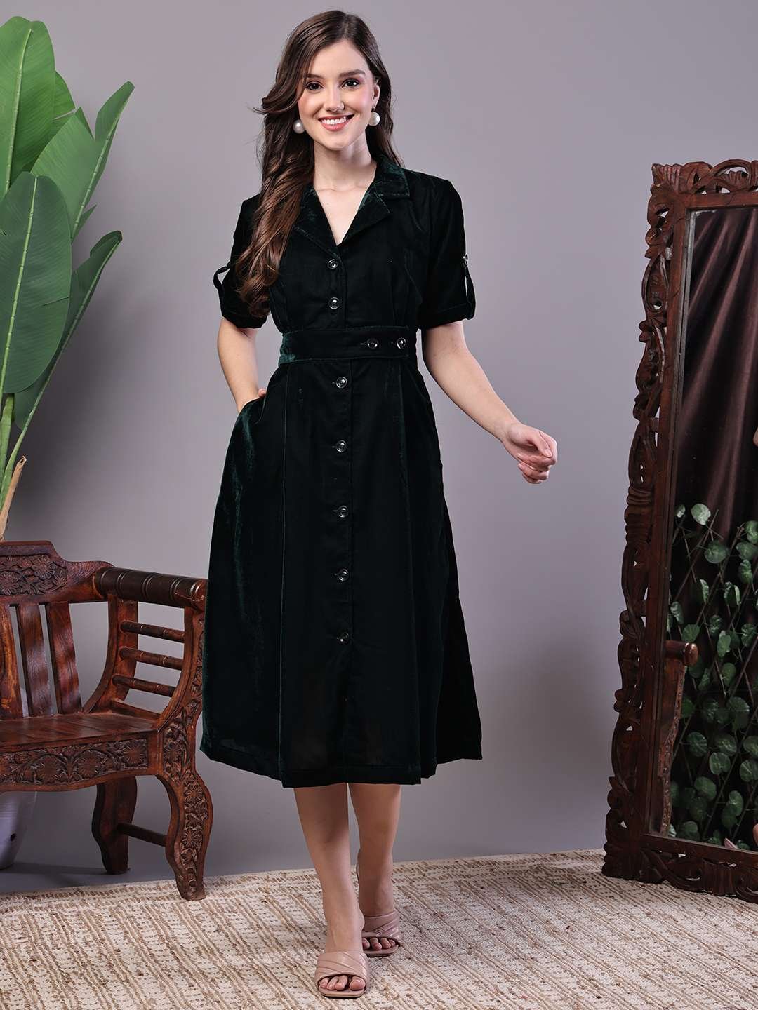 Bottle green velvet button-down shirt midi dress with belt and short sleeves