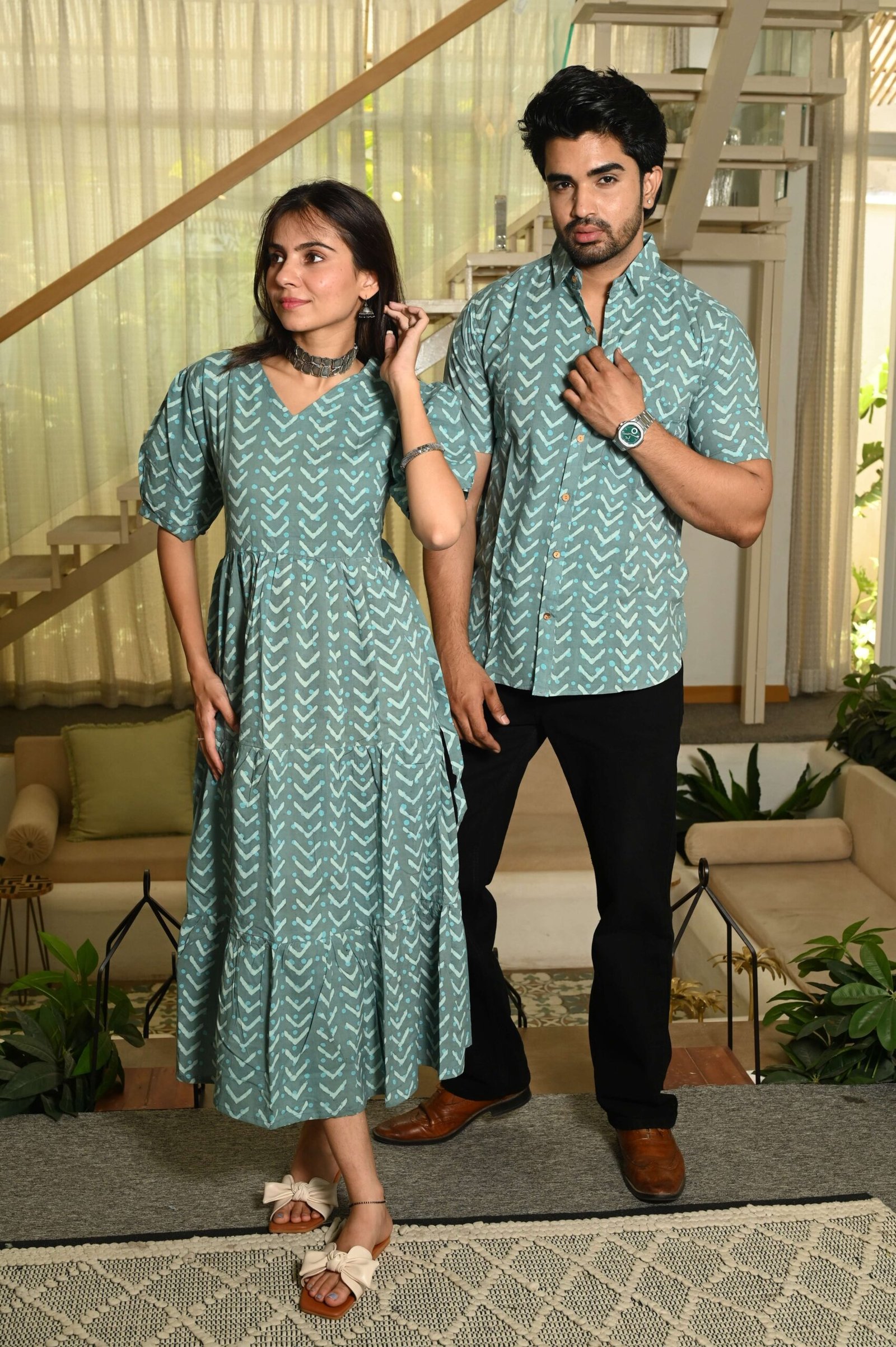 Couple Matching Sage Green Cotton Dress & Shirt Set with Arrow Print - INDIA - Image 3