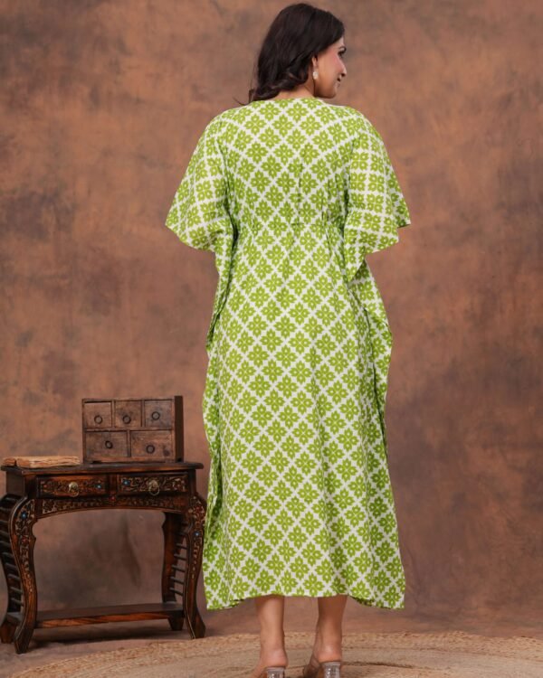 White and green cotton printed kaftan dress with adjustable drawstring waist
