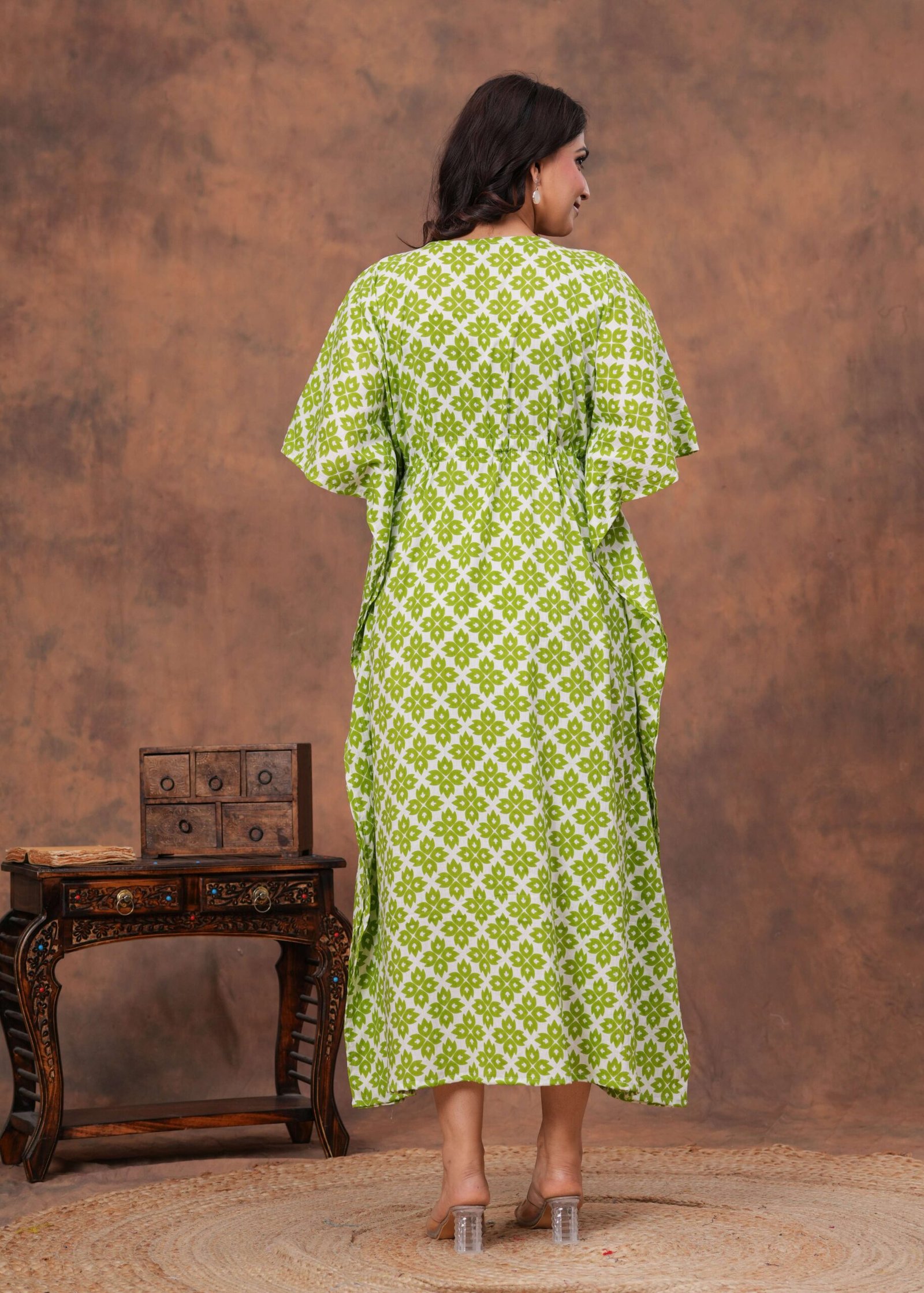 White and green cotton printed kaftan dress with adjustable drawstring waist