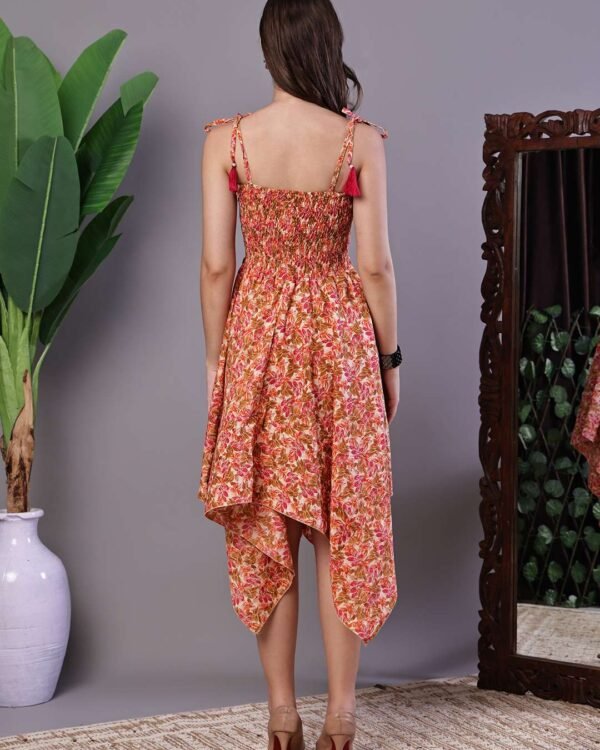Multicolor floral cotton midi dress with handkerchief hem and tie-up shoulder straps