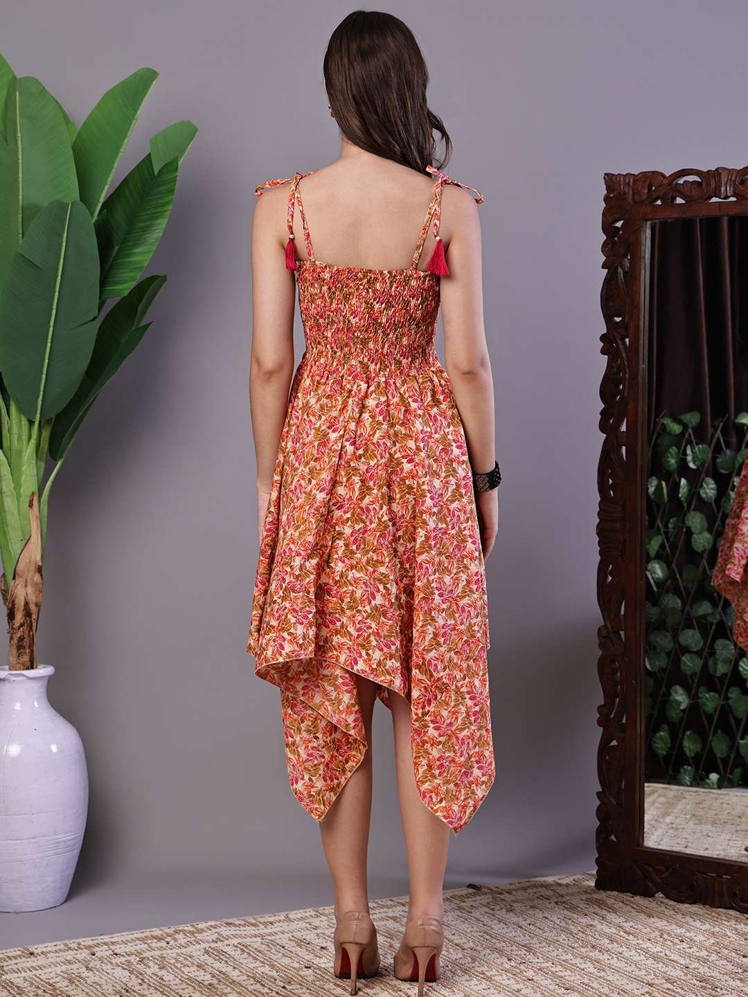 Multicolor floral cotton midi dress with handkerchief hem and tie-up shoulder straps