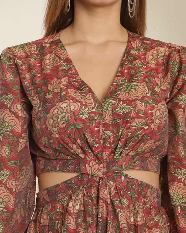 Dark maroon silk printed V-neck maxi dress with long bell sleeves