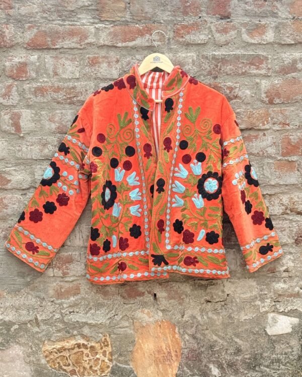 Orange velvet Suzani embroidered women’s jacket with floral motifs