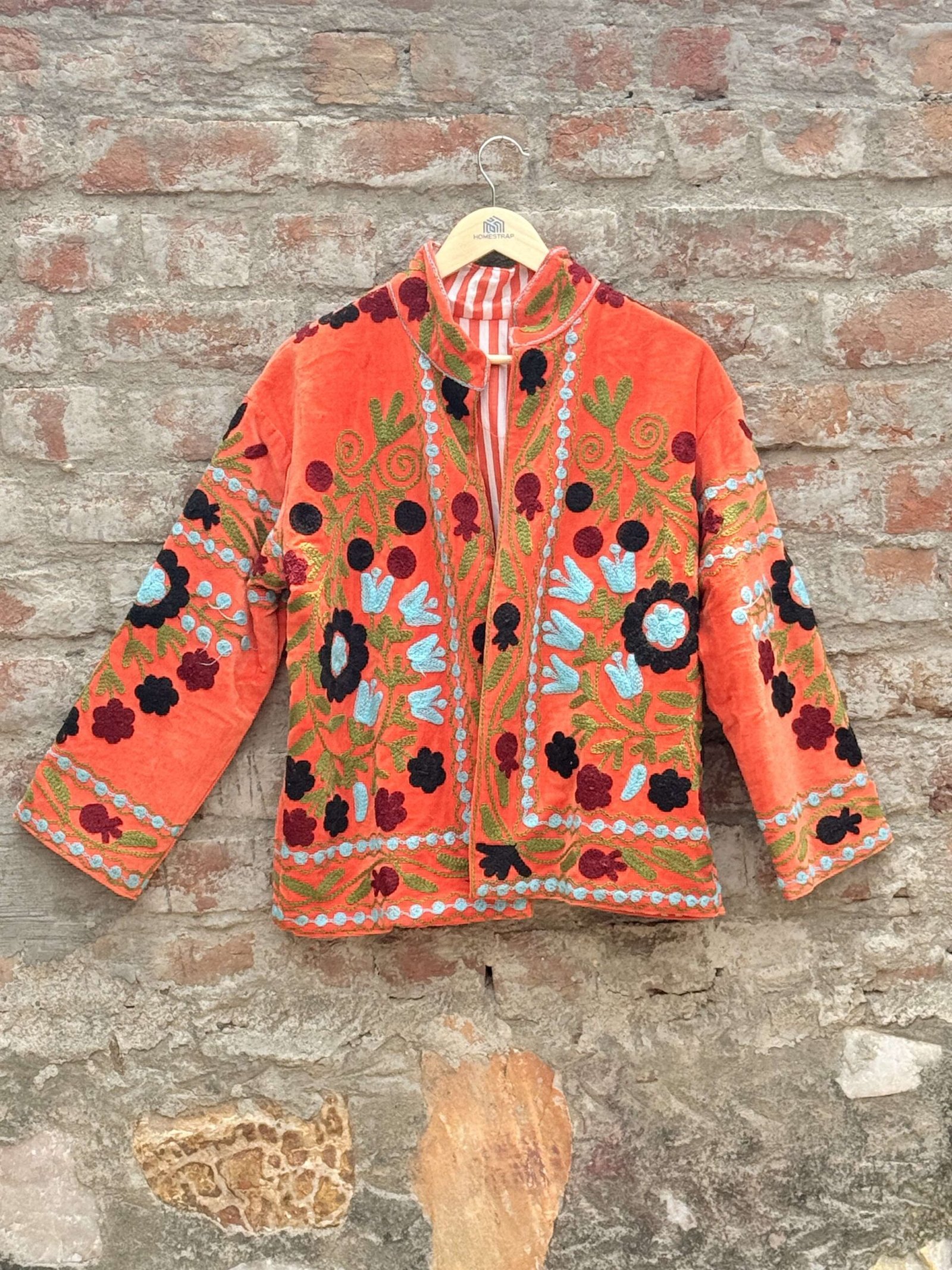 Orange velvet Suzani embroidered women’s jacket with floral motifs