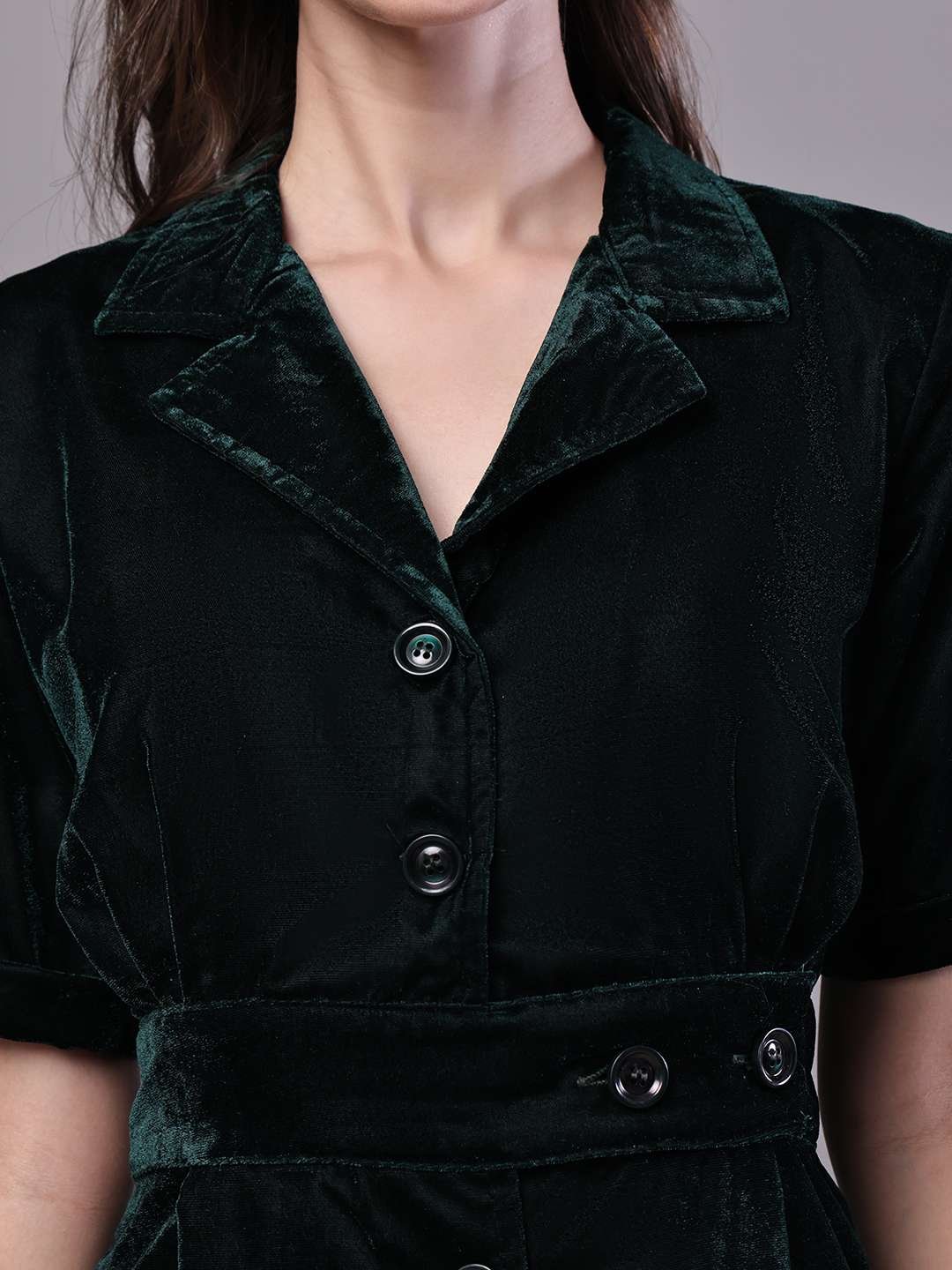 Bottle Green Velvet Button-Down Shirt Midi Dress with Belt - Image 2