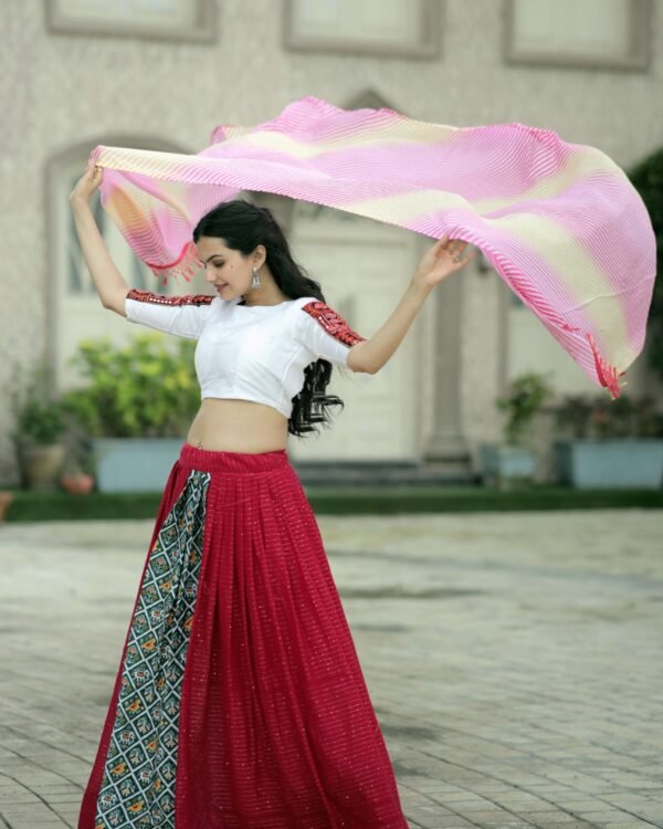 Premium embroidered viscose crochet lehenga choli with leheriya dupatta for festive wear