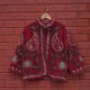 Red velvet Suzani embroidered women’s jacket with floral motifs