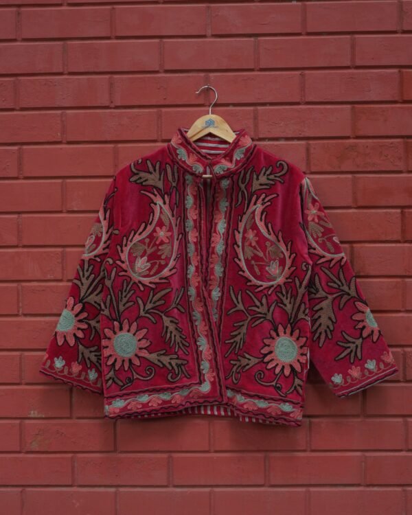 Red velvet Suzani embroidered women’s jacket with floral motifs