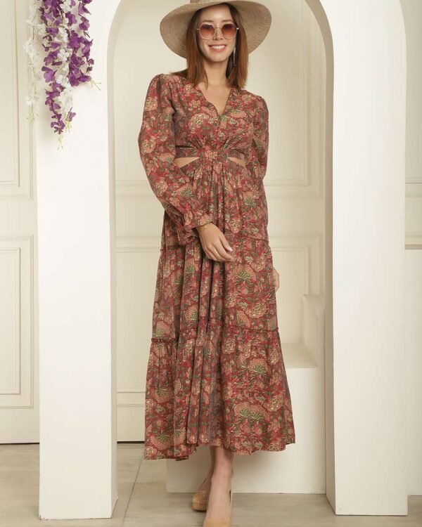 Dark maroon silk printed V-neck maxi dress with long bell sleeves