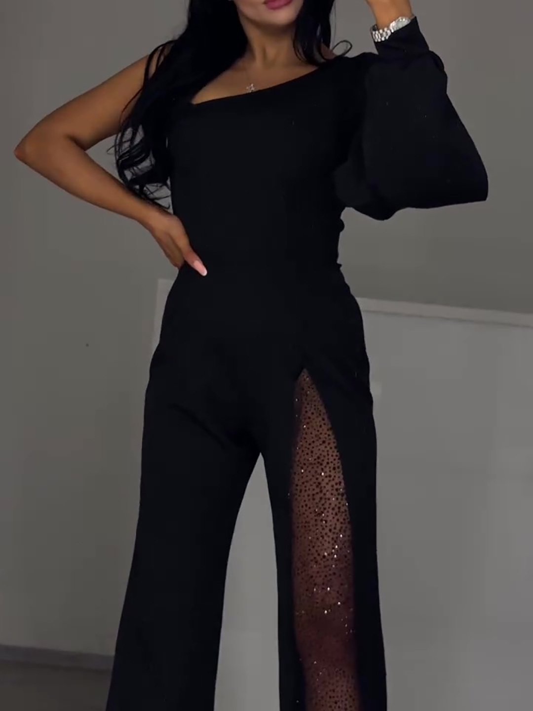 Single Sleeve Mesh Panel Jumpsuit - Midnight Edge - Image 3