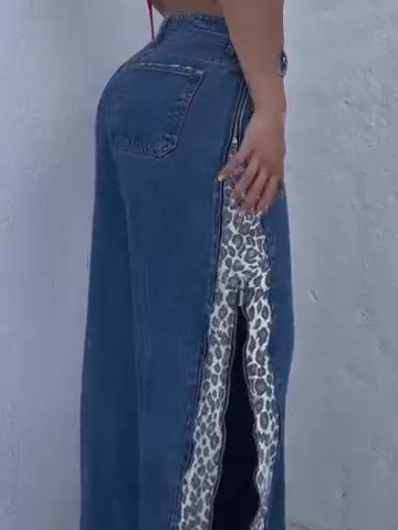 Leopard Side - Panel Wide Leg Jeans - Zip Detail Street Cut - Image 3