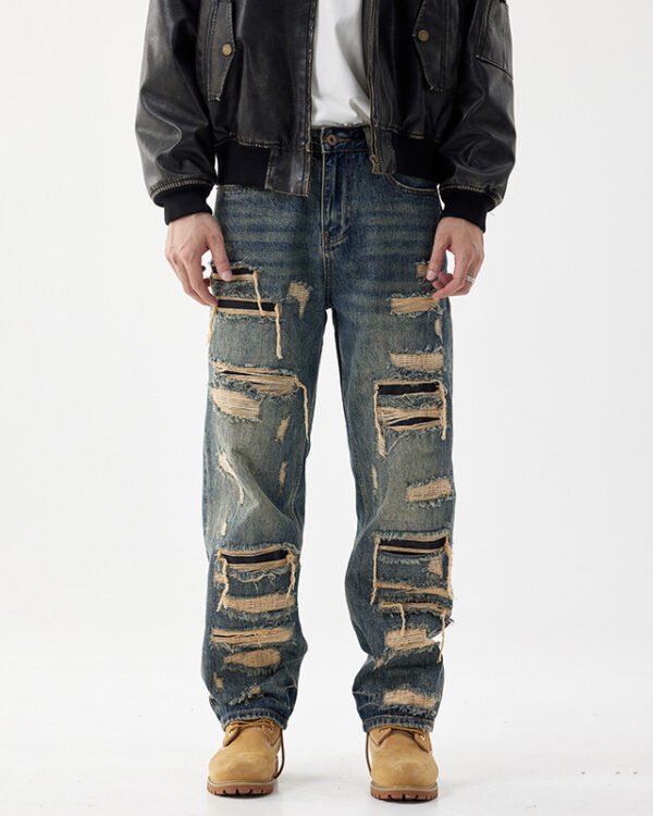 Distressed Wide-Leg Patch Denim