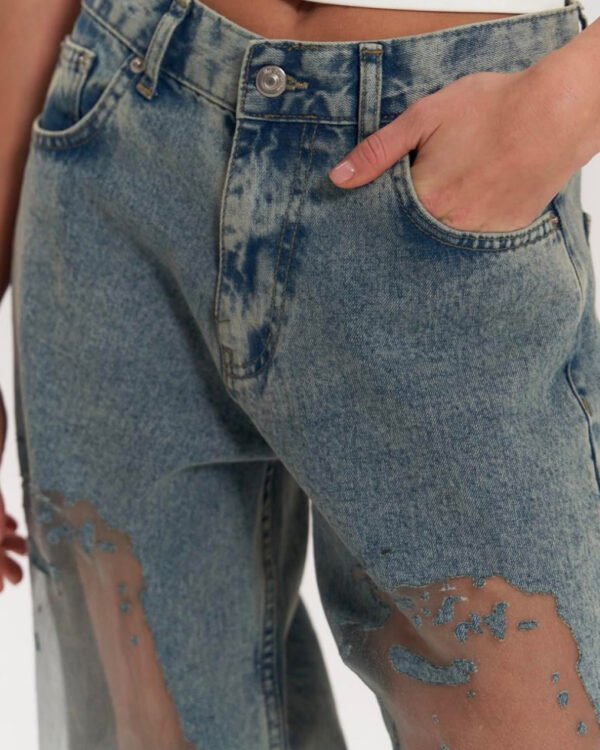 Alternative view of Vintage Distressed Mesh - Panel Jeans - Raw Straight Cut