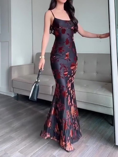 Alternative view of Black Flocked Strappy Maxi Dress - Sheer Floral Evening