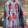 Light blue velvet Suzani embroidered women’s jacket with red floral motifs