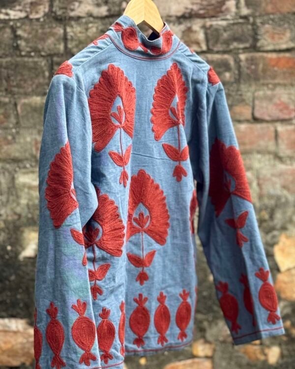 Light blue velvet Suzani embroidered women’s jacket with red floral motifs