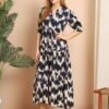 Navy and ivory cotton printed fit and flare midi dress with V-neck