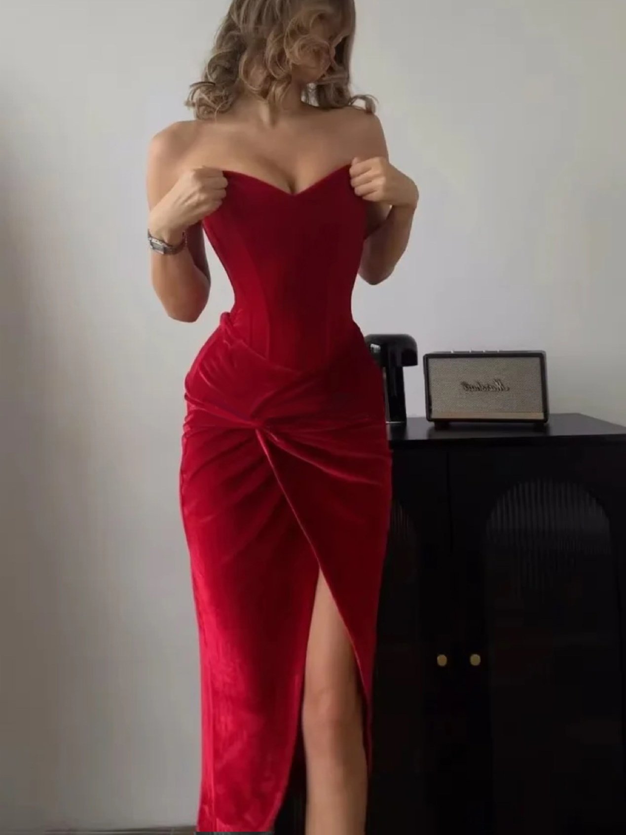 Red Velvet Strapless Twist Midi Dress - Sculpted Silhouette