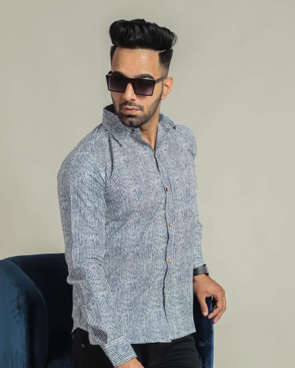 Men wearing blue and white striped cotton full-sleeve shirt