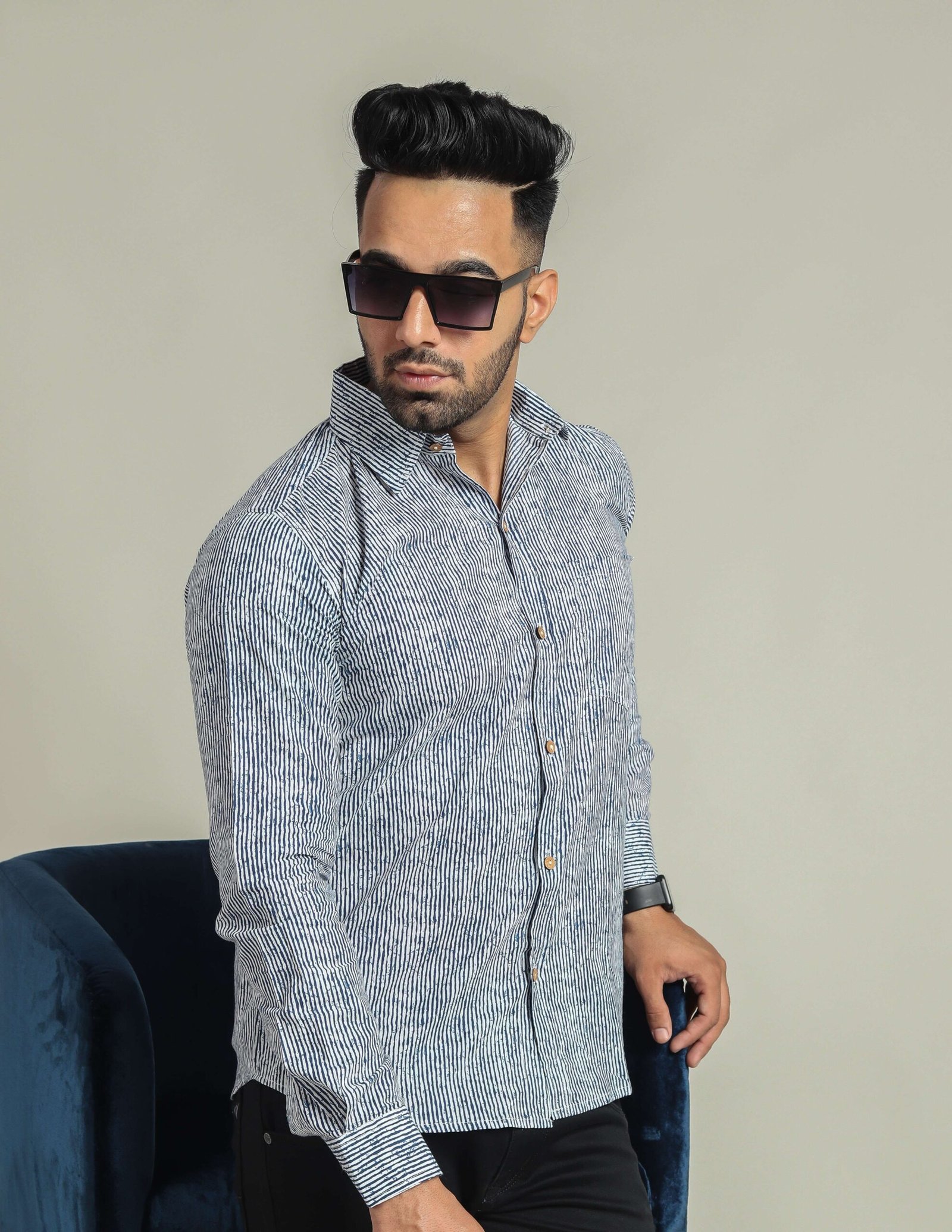 Men wearing blue and white striped cotton full-sleeve shirt