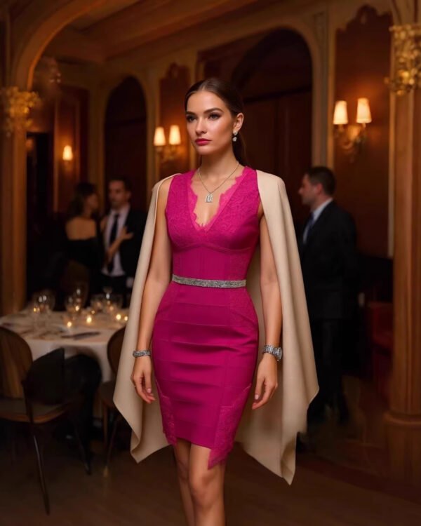 Deep-V Lace-Trimmed Solid-Color Patchwork Sexy Bandage Dress