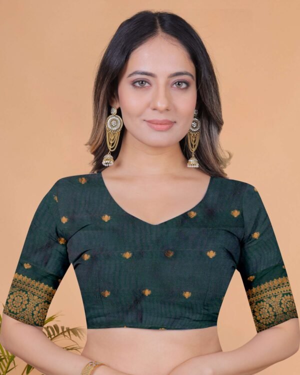 Cherry red and bottle green Banarasi silk saree with gold zari border and woven pallu