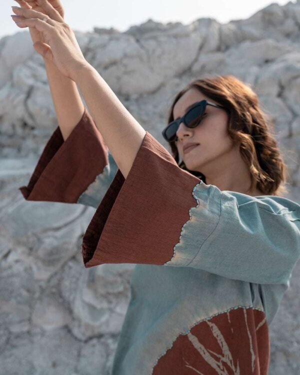 Denim blue and brown tie-dye cotton tunic with palazzo pants women’s co-ord set