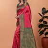 Cherry red and bottle green Banarasi silk saree with gold zari border and woven pallu