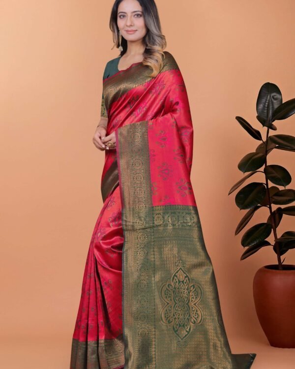 Cherry red and bottle green Banarasi silk saree with gold zari border and woven pallu