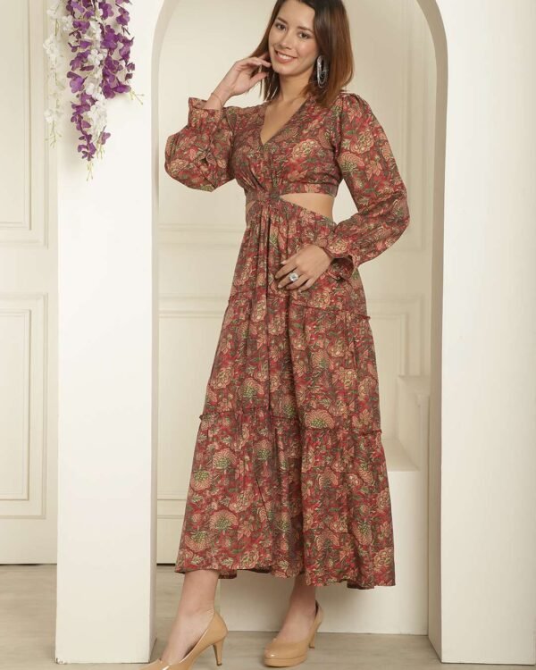 Dark maroon silk printed V-neck maxi dress with long bell sleeves