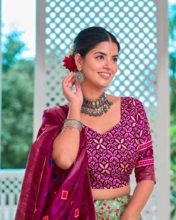 Alternative view of Light Green Tussar Silk Lehenga Choli with Maroon Blouse