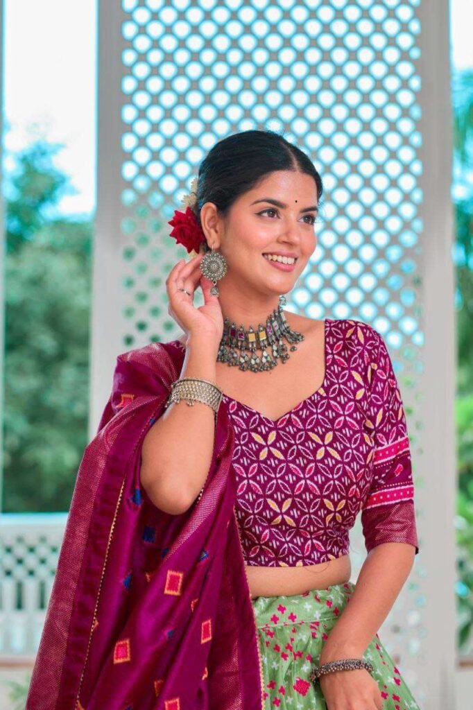 Light Green Tussar Silk Lehenga Choli with Maroon Blouse - Image 2