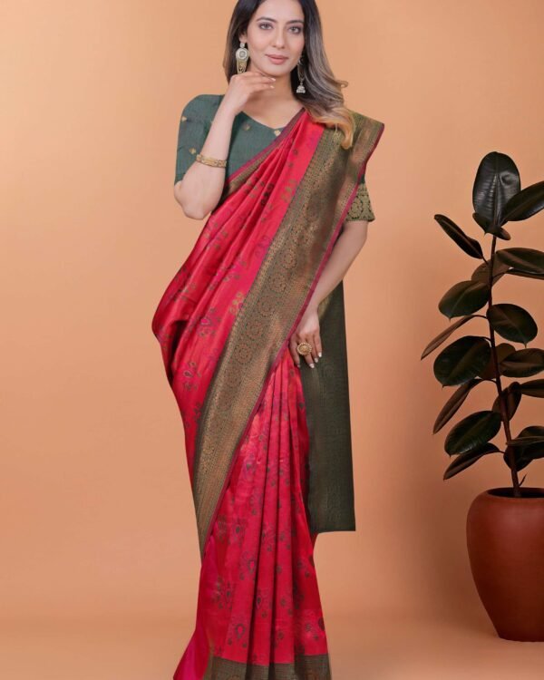 Cherry red and bottle green Banarasi silk saree with gold zari border and woven pallu